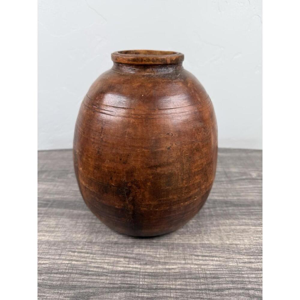Vintage African Hand Carved Wooden Water Pot Vase  Vessel Rustic Tribal Decor